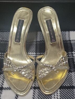 Steven-Steve Madden Metallic Gold Crystal-Embellished Slide Mules "Like NEW"